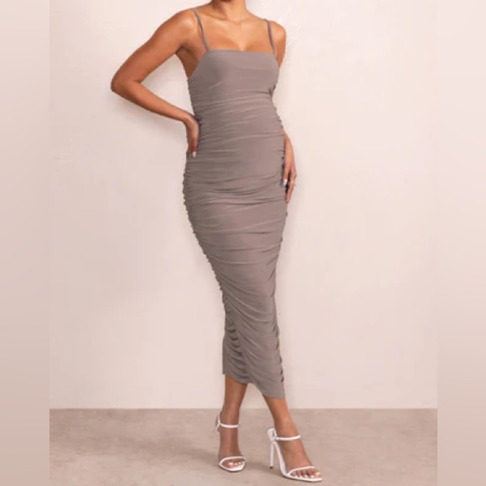 Sentimental | Mocha Maternity Midi Dress with Cami Straps and Ruching
